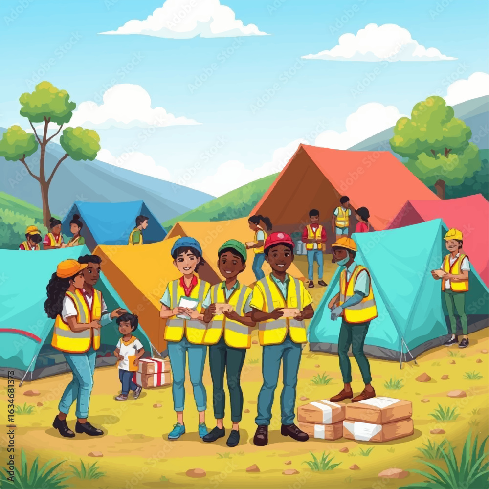 Fototapeta premium Volunteers happy with Humanitarian Aid