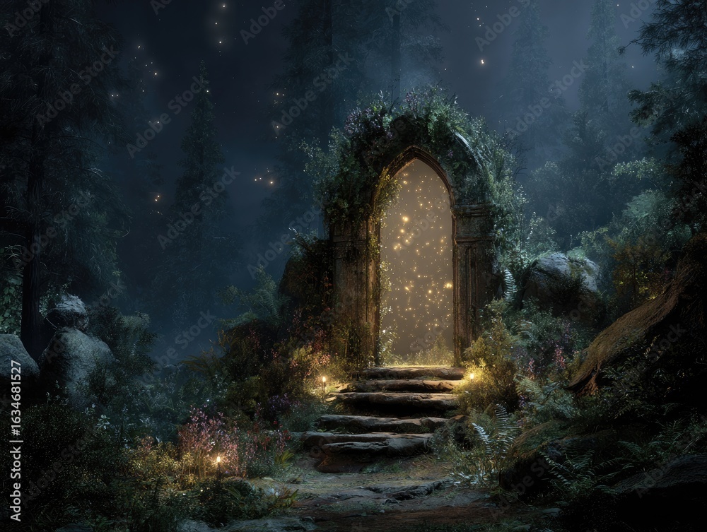 Fototapeta premium Enchanting mystical archway in a nocturnal forest