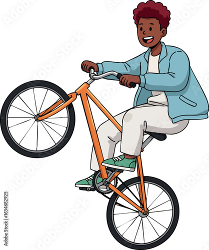 Young man performing bicycle stunt on orange bike with teal jacket and white pants vector illustration 