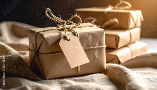 Wrapped Gift with Tag and Jute String on Burlap Fabric