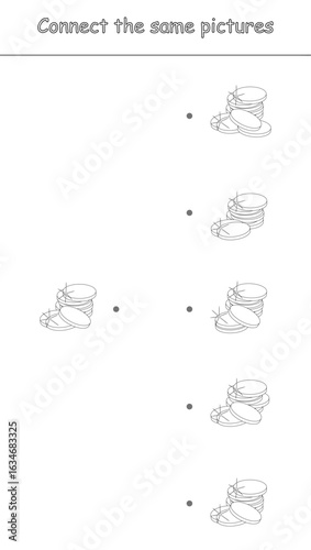 Educational game. Connect the same pictures of gold coins. Black and white. Vector illustration on white background for children's activity book, worksheet, print.