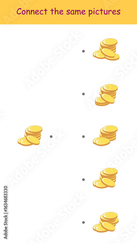 Educational game. Connect the same pictures of gold coins. Vector illustration on white background for children's activity book, worksheet, print.