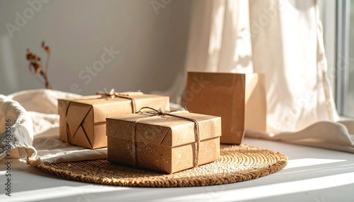 Wrapped Gifts with Paper Bag in Warm Natural Light
