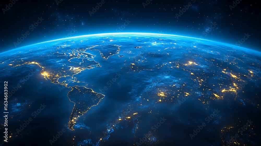 Fototapeta premium Global view of illuminated city lights on the Earth's surface.