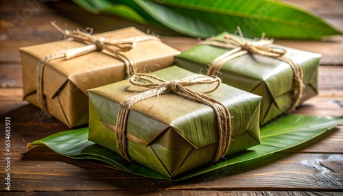 Wrapped Gifts on Wooden Table with Green Leaf Decoration