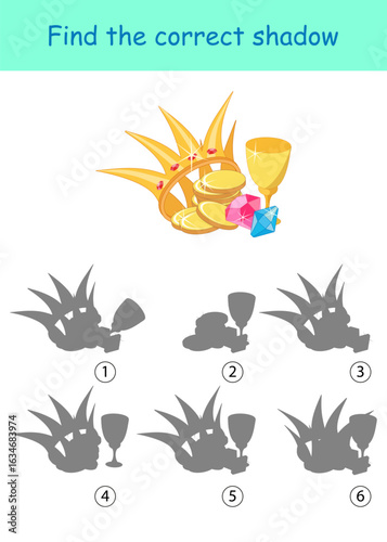 Find the correct shadow of treasure objects. Educational game. Vector illustration on a white background for children's entertainment, activity book, worksheet.