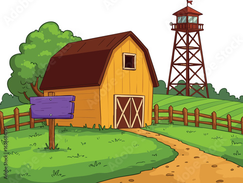 Rustic barn with wooden fence and watchtower on green farmland vector illustration 