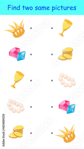 Find two identical pictures. Educational game with colored treasure objects. Vector illustration for children's activity book, worksheet, print.
