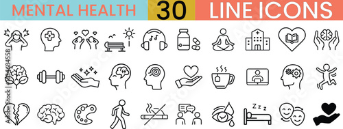 A diverse set of line art icons representing various aspects of mental health and well-being in a line style
