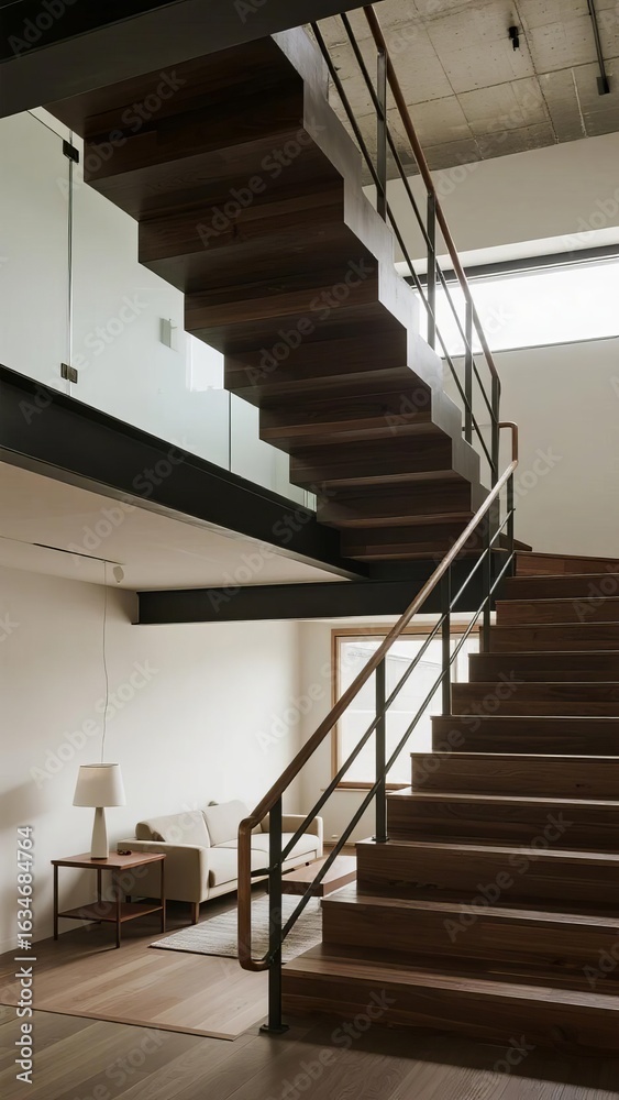 Obraz premium Modern Wooden Staircase with Glass Railing in a Contemporary Home
