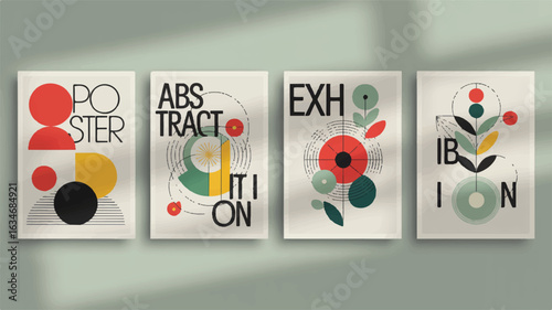 Four horizontal abstract art posters with geometric shapes and text illustration