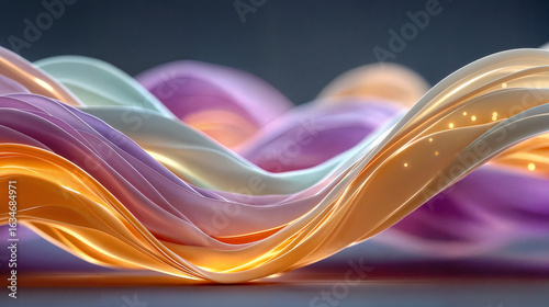 Illustration AI flowing pastel waves with glowing light particles in soft abstract motion.