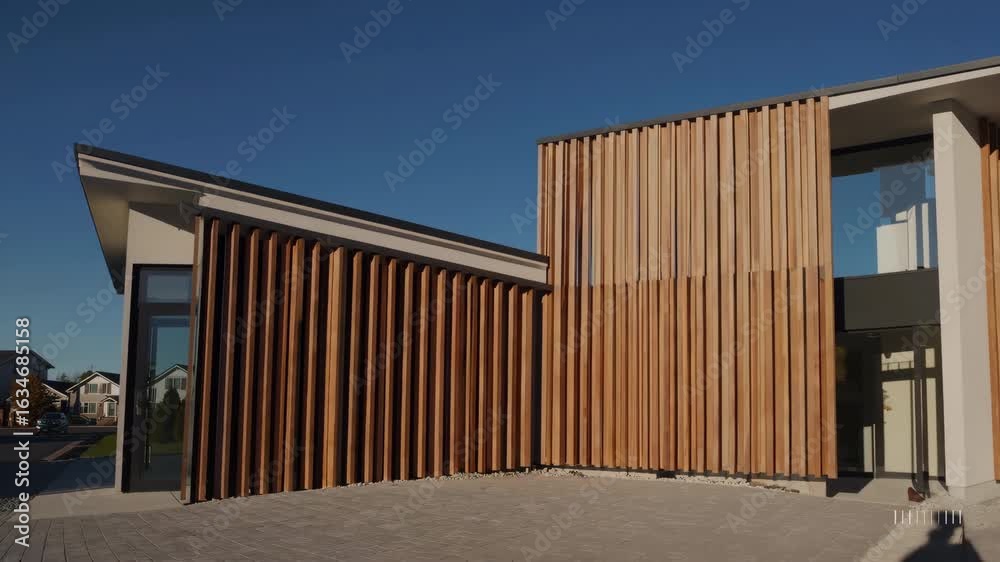 Contemporary Home Facade with Vertical Wooden Panels, Modern Architecture, Minimalist Exterior Design, Bright Daylight, No People Contemporary Home Facade with Vertical Wooden Panels, Modern Architecture, Minimalist Exterior Design, Bright Daylight, No People