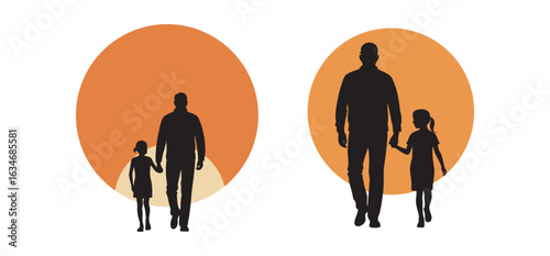 Father And Daughter Walking At Sunset Silhouette