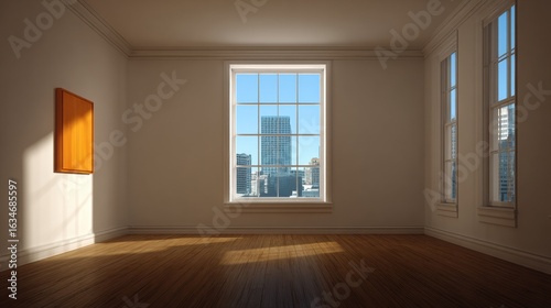 Wallpaper Mural A bright, empty room featuring a large window with a city view and wooden flooring, creating a minimalist aesthetic. Torontodigital.ca