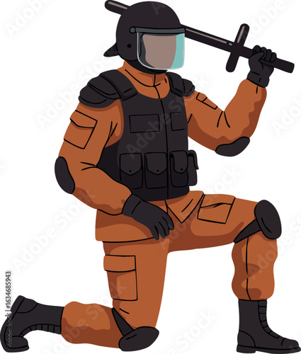 Soldier in tactical gear holding sword kneeling in combat position vector illustration 