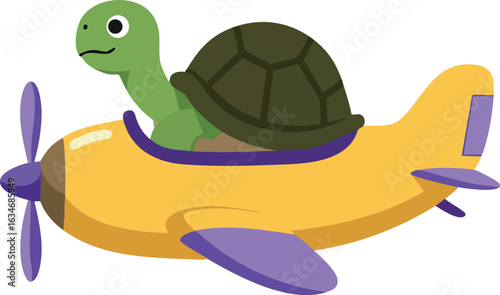 Turtle Flying Yellow Airplane Cartoon Vector Illustration with Purple Wings and Propeller 
