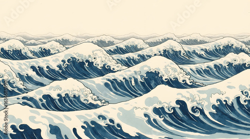 Oceanic Symphony: An artistic depiction of crashing waves in a serene color palette, evoking a sense of vastness and the raw power of the sea.