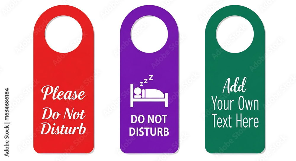 Naklejka premium Vibrant set of red purple and green Do Not Disturb door hangers including a sleeping icon and a customizable text template.