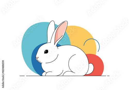 A cute white rabbit sitting in front of colorful abstract circles on a white background