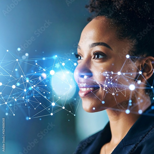 A woman smiles, overlaid with a network graphic