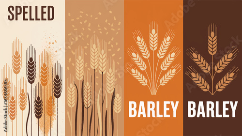 Four horizontal panels featuring stylized wheat and barley illustrations with text grain agriculture