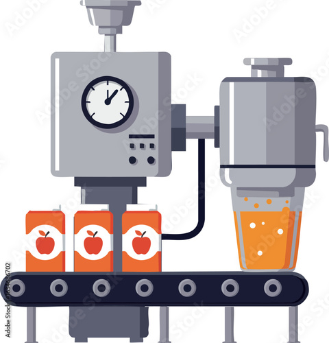Industrial juice packaging machine filling orange juice cartons on conveyor vector illustration 