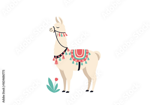 A charming cute llama standing gracefully in a field of flowers