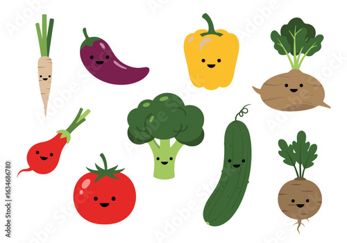 Collection of cute cartoon vegetables with happy faces for healthy eating