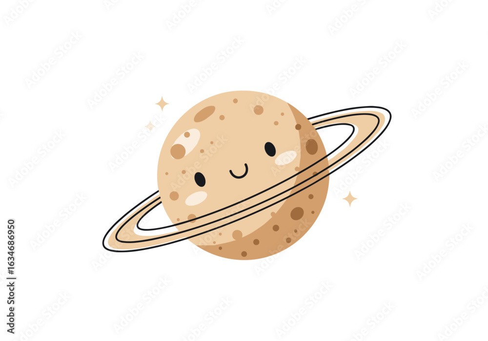 Fototapeta premium Cute cartoon planet saturn with rings smiling space astronomy
