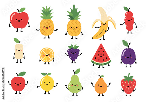 Adorable cartoon fruit characters with happy expressions for healthy eating promotion