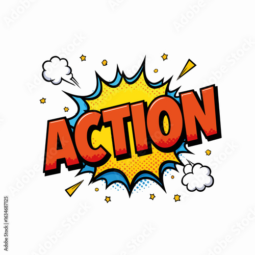 Bright action comic speech bubble with halftone pattern. Pop art action effect on white background. Great action element for comics and graphic novels, bringing dynamic storytelling into visuals.