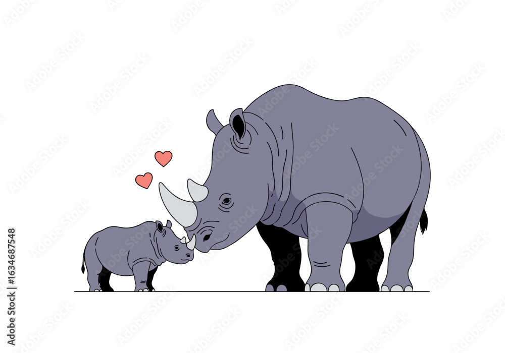 Obraz premium Gentle mother rhino nuzzles her tiny baby rhino with love