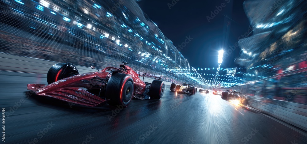 Naklejka premium Red Formula 1 race car leads pack at night, blurred motion showing speed and bright track lights