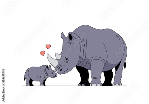 Gentle mother rhino nuzzles her tiny baby rhino with love