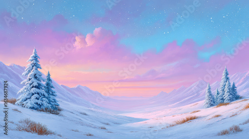 Winter valley with snow covered pine trees under pastel sky with stars and clouds