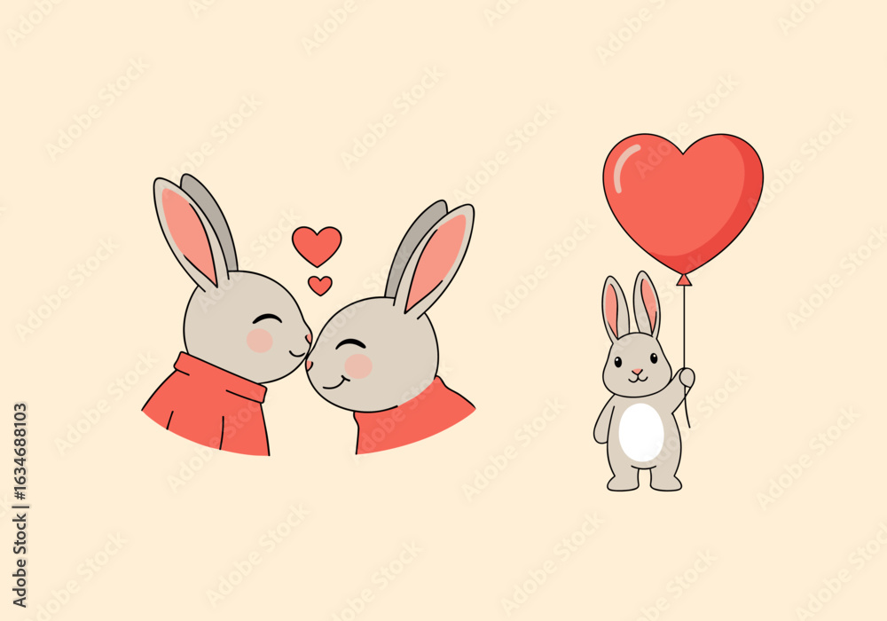 Fototapeta premium Cute bunny couple sharing sweet kisses holding a heart balloon