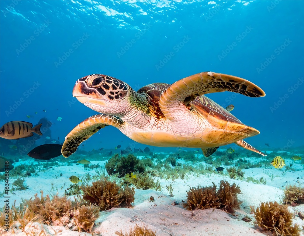 Obraz premium A magnificent sea turtle glides gracefully through the crystal-clear turquoise waters of the ocean, swimming above a sandy seafloor with small fish.