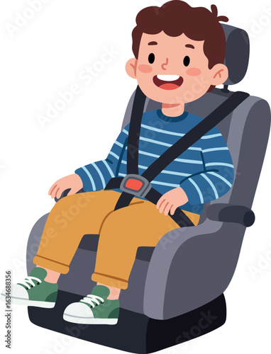Child sitting safely in car seat with seatbelt fastened illustration vector 