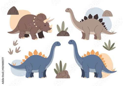 Four cartoon dinosaurs together in a playful illustration scene