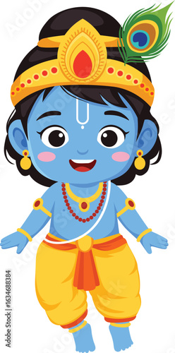 Cartoon illustration of Hindu God Krishna with blue skin, wearing a crown, jewelry, and a peacock feather.