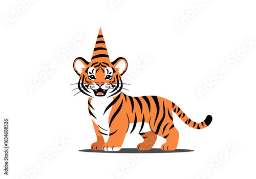 Adorable tiger cub wearing a party hat celebrating a happy birthday occasion