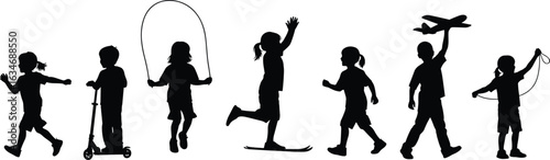 Children activity silhouette set, playful motion, scooter, jump rope, toy airplane, running, skipping, black vector, outdoor fun, kids