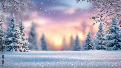 Snowy winter forest with pine trees and soft glowing sunset light