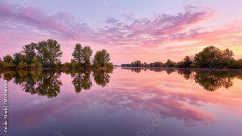 Tranquil lake reflecting soft pink and orange sky with trees on calm water surface