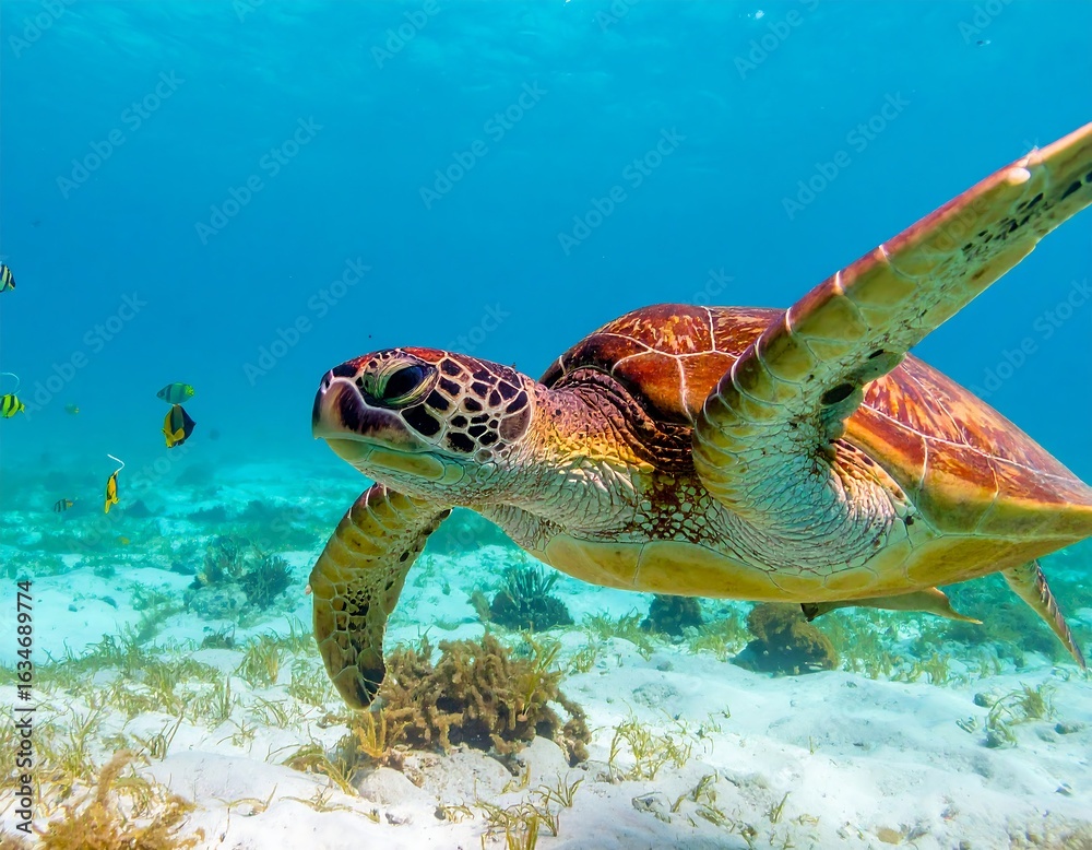 Obraz premium A magnificent sea turtle glides gracefully through the crystal-clear turquoise waters of the ocean, swimming above a sandy seafloor with small fish.