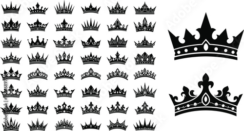 Crown silhouettes collection, royal designs, vector crowns, black, ornate shapes, luxury, heraldry, regal icons, grid layout, illustration