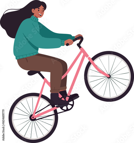 Woman riding pink bicycle performing wheelie outdoor casual active lifestyle vector illustration 