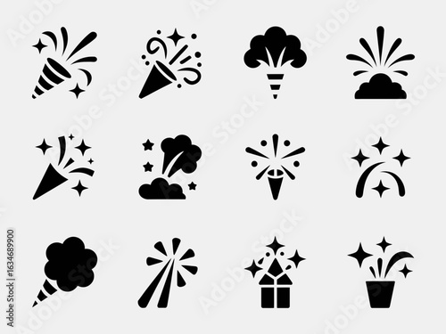 Celebration and Fireworks Icon Set – Black Vector Confetti Silhouettes


