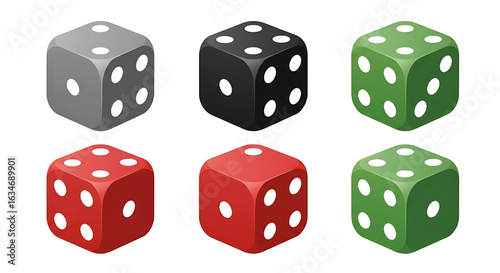 A collection of six colorful isometric gaming dice with rounded corners and white pips.
